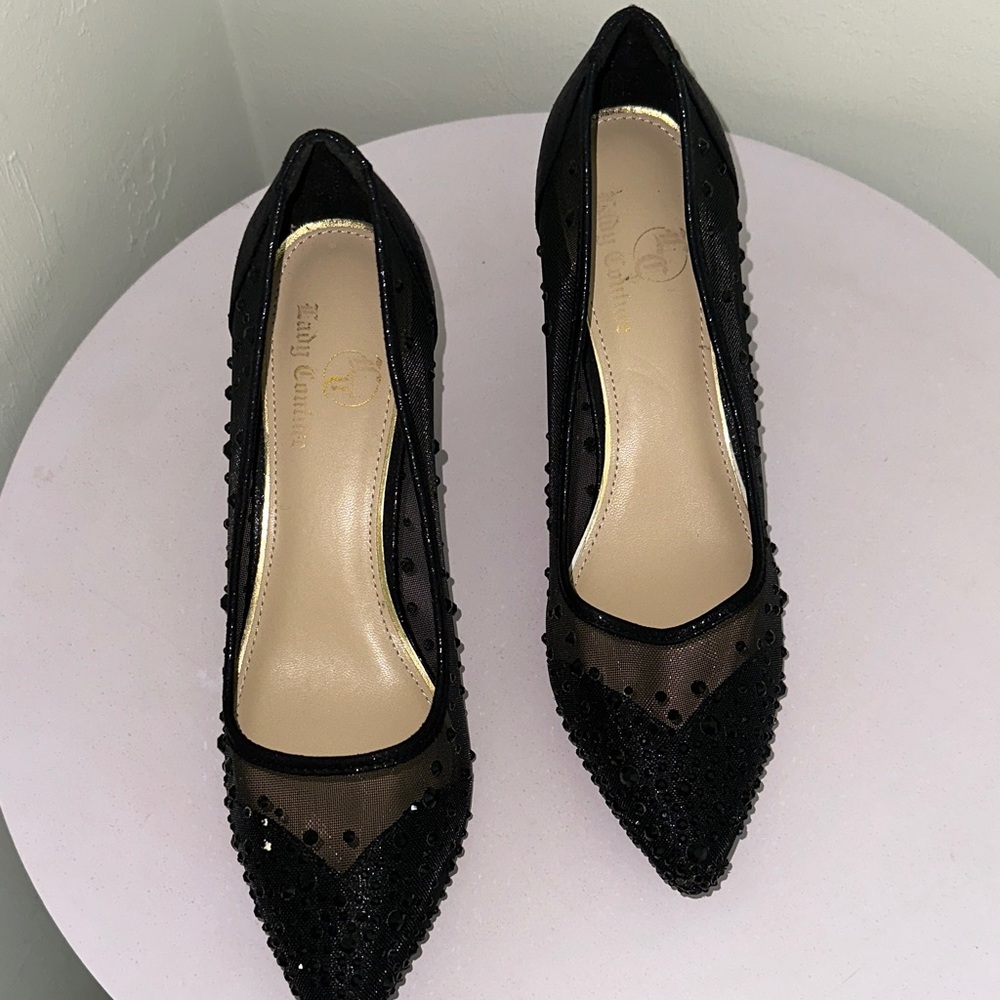 Juicy Couture Black Mesh Pointed Kitten Heel Pumps with Beaded Accents - Picture 3 of 6